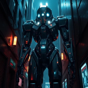 In the dimly lit alley, a towering android looms, its sleek meta...