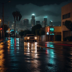 A nighttime view of Los Angeles right after a heavy rain, showca...
