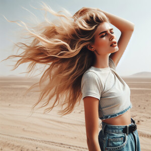 A blonde woman in the desert with her hair, flowing behind her a...