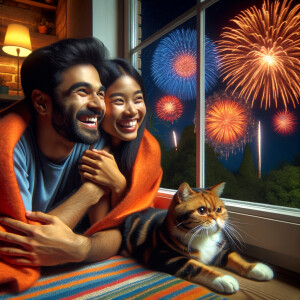 A happy couple is lying together in spring with their cat watchi...