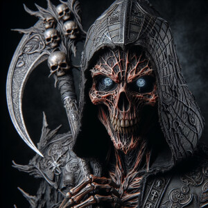 macabre demonic grim reaper with charred leathery web-like epide...