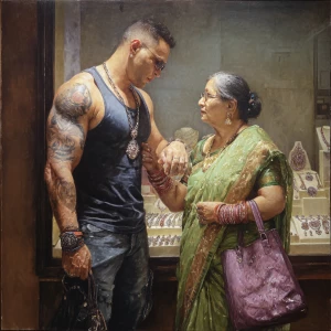 Hyperrealism oil painting.a muscular beefy tattoed gujarati swea...