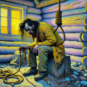 It is twilight, a log house, a guy with long black dirty hair, v...