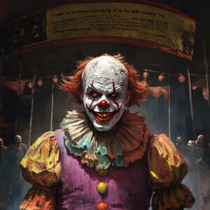 "Create an illustration of an evil-looking clown standing in the...