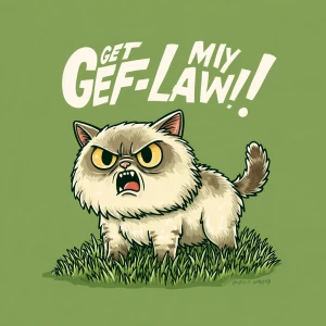 A grumpy cartoon-style cat standing on a lawn, fur fluffed up, o...