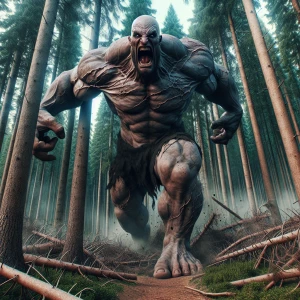 Create a hyper-realistic image of a towering, bald, malevolent g...