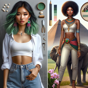 A African woman warrior standing with a elephant, with a pyramid...