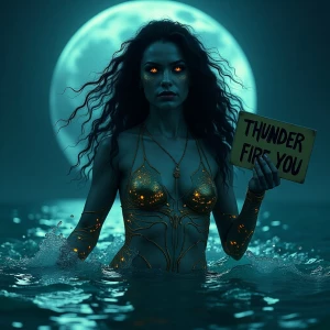 "In the moonlit ocean,  evil Mami Wata emerges, her skin shimmer...