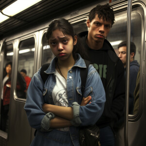 Ultra realistic teen annoyed at camera man on subway