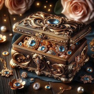 Create an image of an ornate jewelry box richly detailed with golden swirls and floral motifs, with no items on the top. Inside the box lies a collection of exquisite jewelry, each piece featuring vibrant blue gemstones set amongst pearls and golden accents. This treasure is placed on a dark wooden surface, subtly reflecting the luster of the gems. Around the box, there are loose gemstones, a golden flower, and soft pink roses in the blurred background, contributing to the elegant ambiance. The name 'Karen' is elegantly inscribed above the jewelry box, adding a personalized touch to the scene.