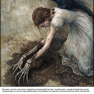 "Illustrate a powerful scene where a demon is lying just beneath...