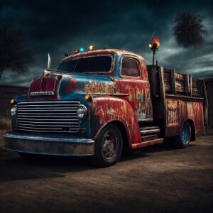Design a low-rider truck influenced by Jason Voorhees, featuring...