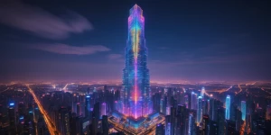 In a sprawling metropolis of neon lights, a towering holographic...