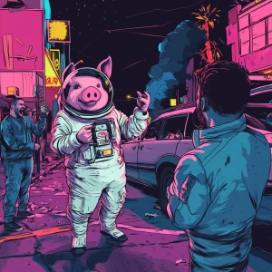 Cute cartoon pig in vintage white spacesuit and NASA style helme...