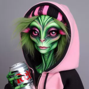 A graceful female grinch wearing a pink and black Nike hoodie an...