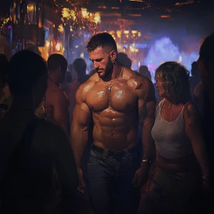 realism,a muscular beefy sweaty man,walking entering in a night...
