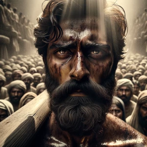 A close-up, gritty cinematic shot of Jesus's face, etched with p...