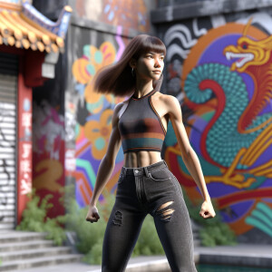 Athletic Thin skinny Attractive, Asian teenage girl, long brown hair and bangs, wearing tight skinny jeans and a halter top paint marks on her clothing, heroic pose Asian graffiti background, backside view