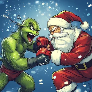 grinch and santa claus fight in octagon. make a cartoon picture...