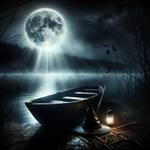 A spooky Halloween night setting by a lake, featuring an empty w...