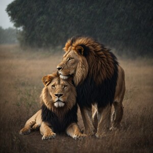 a grown up lion hugging his old parent lions in a savannah durin...