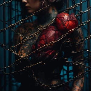 a heart wrapped in chains ⛓️ and behind bars tattoo the skin aro...