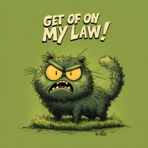 A grumpy cartoon-style cat standing on a lawn, fur fluffed up, o...