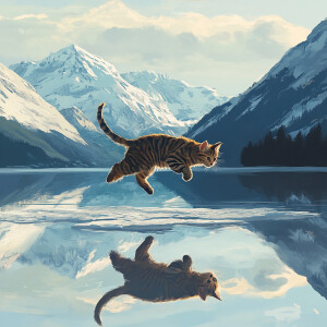 a small cat jumping on a huge lake and a background with some sn...