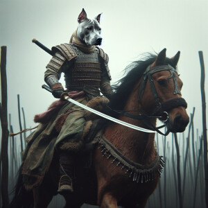 Create a realistic picture of a humanoid pit bull as a swordsman...