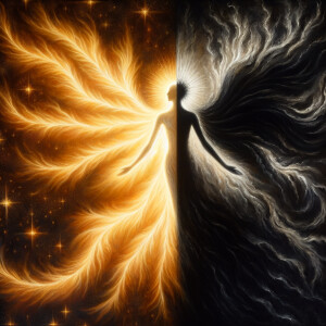 A luminous star creature bathed in radiant beams of light, contr...