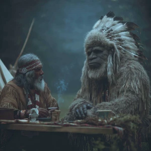An ancient meeting with humaniod looking sasquatch hair covered...