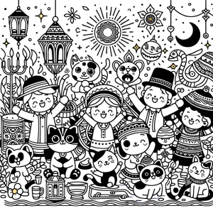Create a traditional coloring book illustration with bold black...