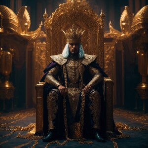 Create an image of a muscular monarch adorned in royal attire, s...