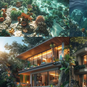 128K ultra-photorealistic luxury beach villa + underwater resort...