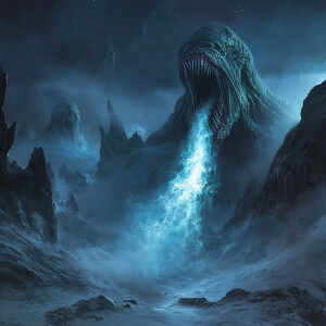 An extraterrestrial creature with a distorted face exhales a chi...