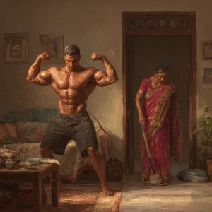Hyperrealism digital painting ,a indian muscular beefy sweaty...