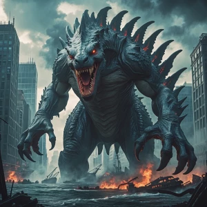 "Emerging from the depths, an enormous, menacing kaiju towers ov...
