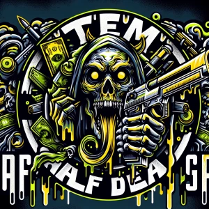 Create a professional, horror-themed circular brand logo featuri...