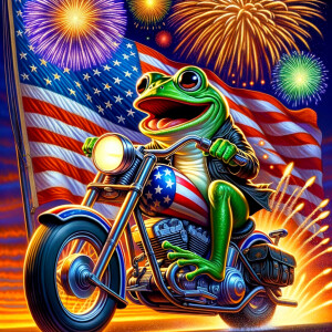 Pepe frog riding motorcycle . American flag. Fireworks