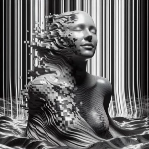 A suspended figure, body wrapped in glitching monochrome ribbons...