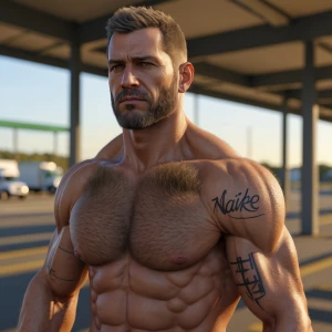 Naiketrucker man in the rest area showing off his hairy chest an...