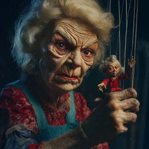 An elderly, haggard blonde woman with pronounced wrinkles and a...