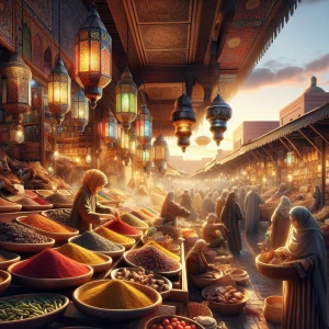 Ein malerischer orientalischer Markt in Marrakesch bei Sonnenunt...