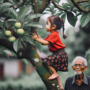seorang anak Indonesia perempuan kecil berbaju merah, memakai ro...