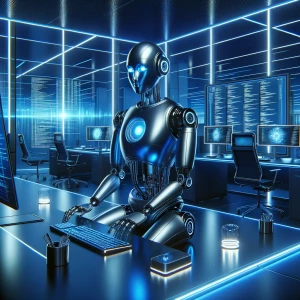 Create an AI robot sitting in front of an Apple computer in a hi...