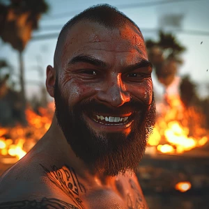 White muscular thin man with beard, big chin, smile and cheekbon...