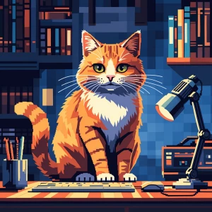 ,generate cat with mouse, pixel style art