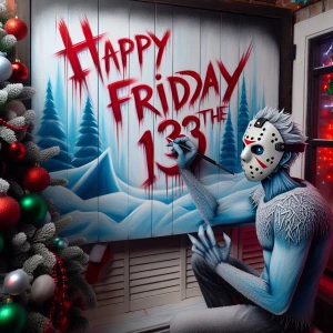 Jack Frost perched on a shelf wearing a hockey mask, writing 'Ha...