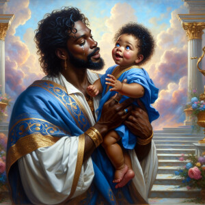 Classical oil painting style depicting an African-American Jesus...