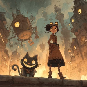 Alice in a steampunk world — wearing brass goggles, a leather co...
